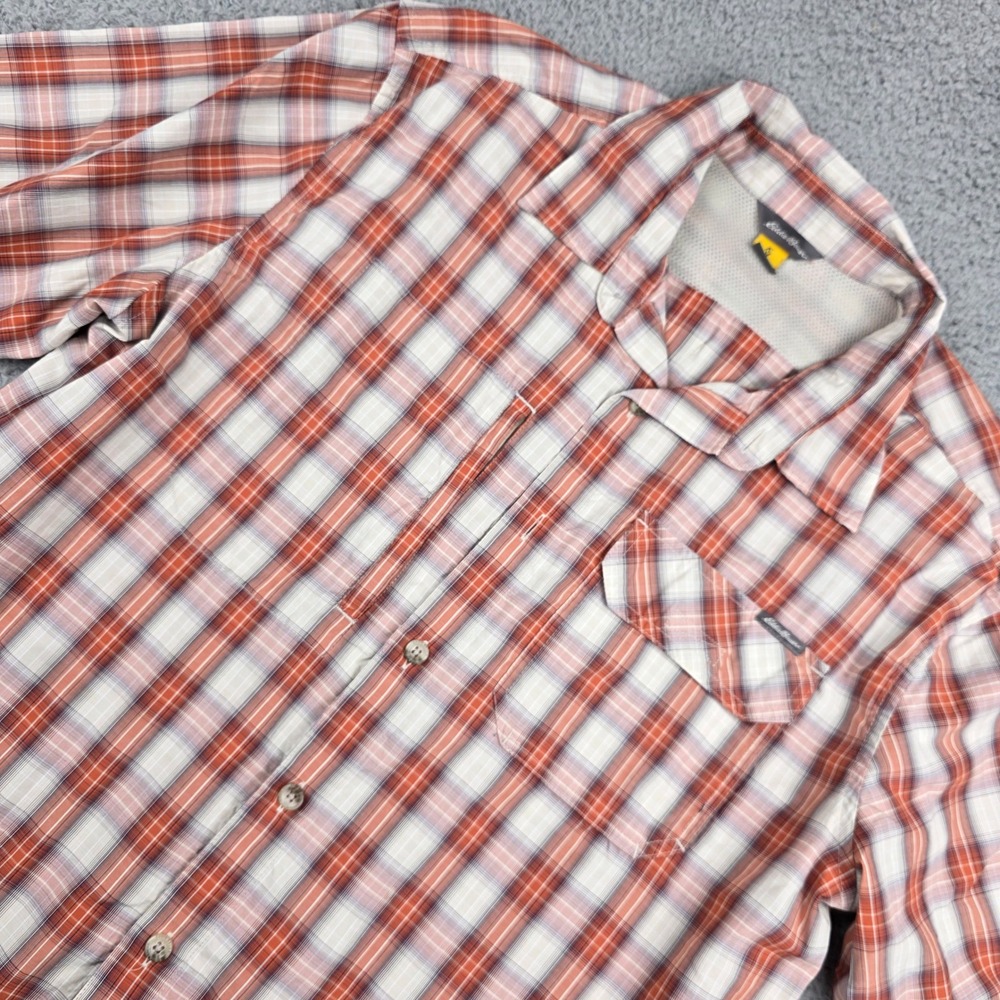 Eddie Bauer Travex Mens Large Orange Plaid Short Sleeve Button Up Hiking Shirt L